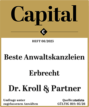 Das Bild zeigt die, die der Anwalt Armin Abele und die Anwaltskanzlei Dr. Kroll & Partner im Bereich Erbrecht erhalten haben. Linke Auszeichnung des Magazins Capital, Ausgabe 06/2025, für die Kanzlei Dr. Kroll & Partner als eine der besten Anwaltskanzleien im Rechtsgebiet Erbrecht, basierend auf einer Umfrage unter zugelassenen Anwälten.