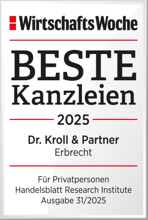 Das untere rechte Bild zeigt die Auszeichnungen der WirtschaftsWoche aus dem Jahr 2025: 'Top Kanzlei Erbrecht' an Dr. Kroll & Partner, in Kooperation mit dem Handelsblatt Research Institute.