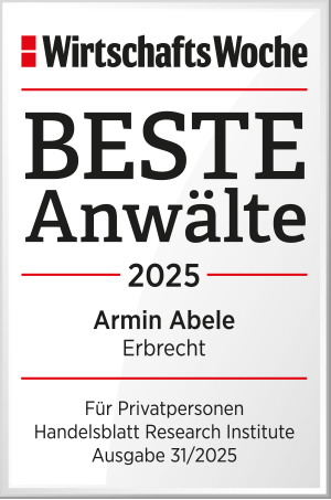 Das obere rechte Bild zeigt die Auszeichnungen der WirtschaftsWoche aus dem Jahr 2025: 'Top Anwalt Erbrecht' an Armin Abele, Dr. Kroll & Partner, in Kooperation mit dem Handelsblatt Research Institute.