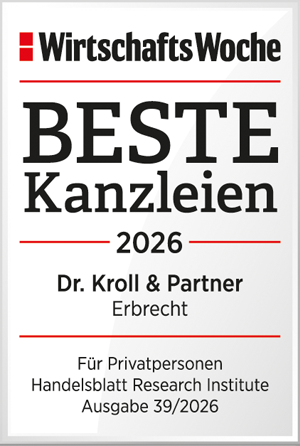 Mittlere untere Auszeichnungen der WirtschaftsWoche aus dem Jahr 2026: 'Top Kanzlei Erbrecht' an Dr. Kroll & Partner, in Kooperation mit dem Handelsblatt Research Institute.