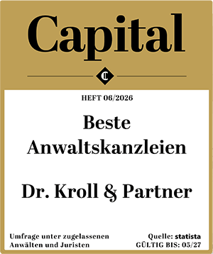 Das Bild zeigt die, die der Anwalt Armin Abele und die Anwaltskanzlei Dr. Kroll & Partner im Bereich Erbrecht erhalten haben. Linke Auszeichnung des Magazins Capital, Ausgabe 06/2025, für die Kanzlei Dr. Kroll & Partner als eine der besten Anwaltskanzleien im Rechtsgebiet Erbrecht, basierend auf einer Umfrage unter zugelassenen Anwälten.